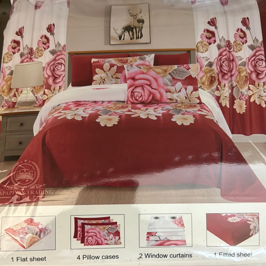 8 pcs Flower Printed Bedding Sheet Set with Curtains