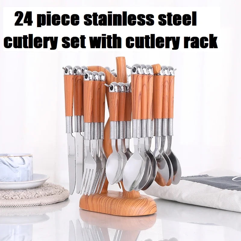 24 set wooden handled stainless steel flatware set.