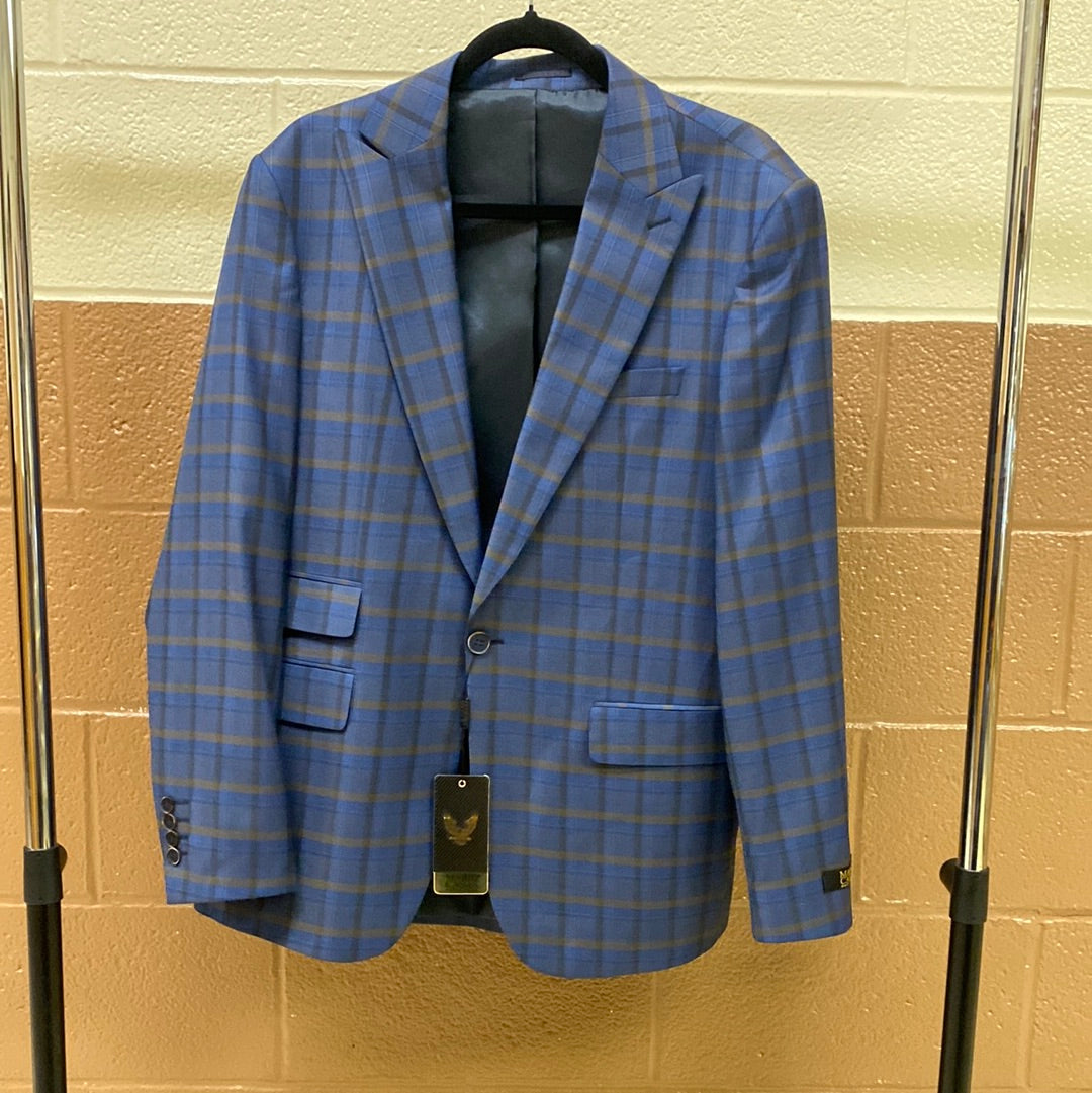 Blue plad 3P peak lapel suit