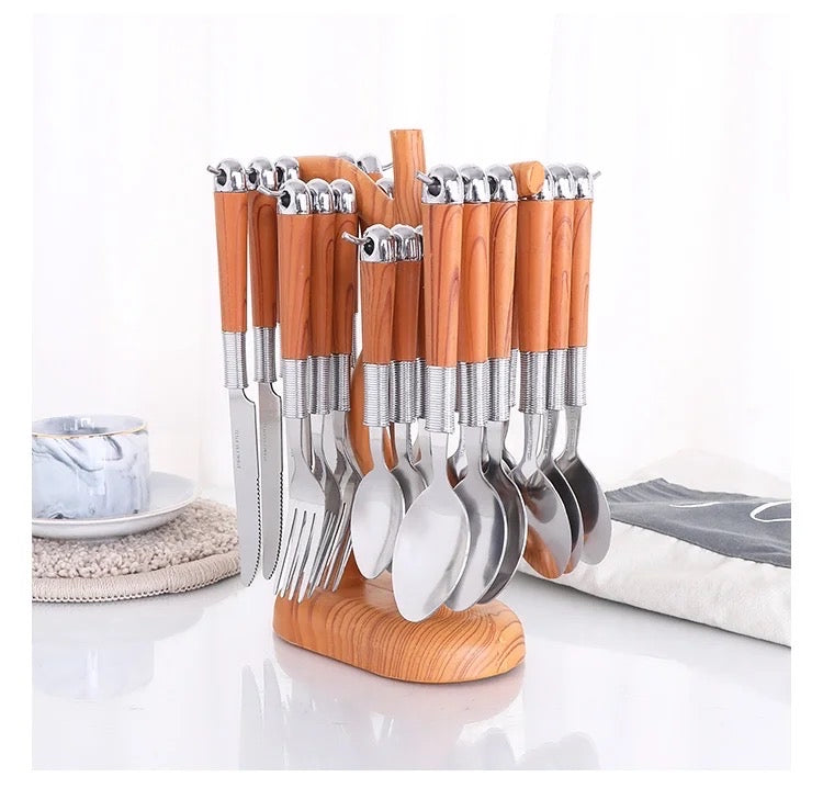 24 set wooden handled stainless steel flatware set.