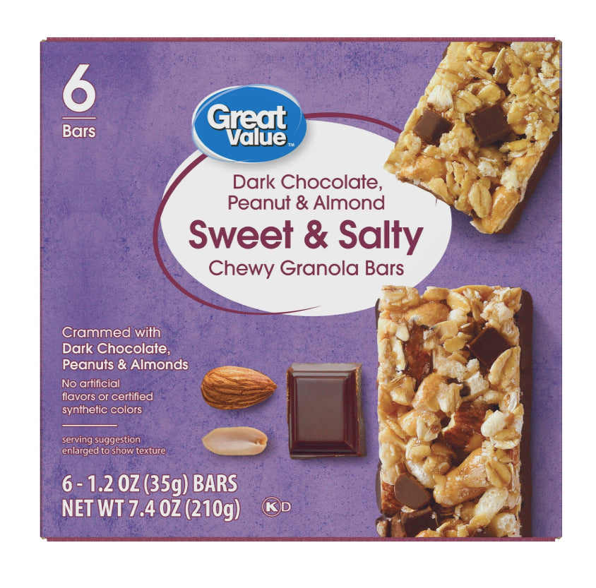 Great value, sweet and salty dark chocolate, peanut butter, & almond granola bar